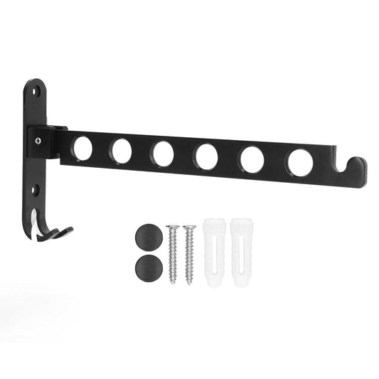 Black collapsible laundry drying rack hanger, six round holes, includes screws and wall plugs