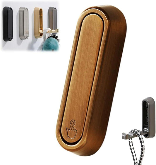 Brown retractable wall coat hook with rounded folding cover, wall-mounted base