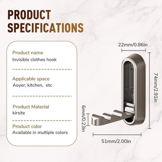 Gray retractable wall hook with folding cover and wall bracket, shown with dimensions
