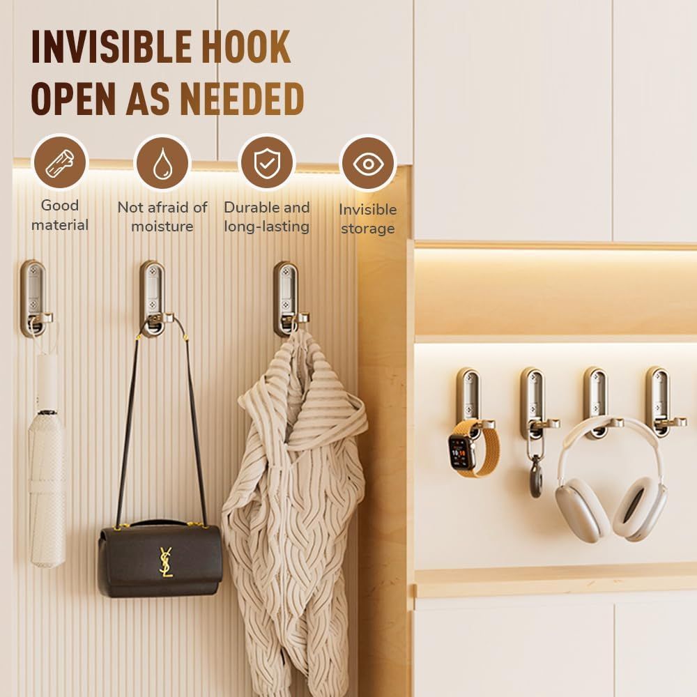 Folding Coat Hooks,Retractable Wall Closet Hooks,Heavy Duty Hook Bathroom Towel Hooks Robe Hooks Wall Mounted for Hanging Coat Towels Clothes (Brown)