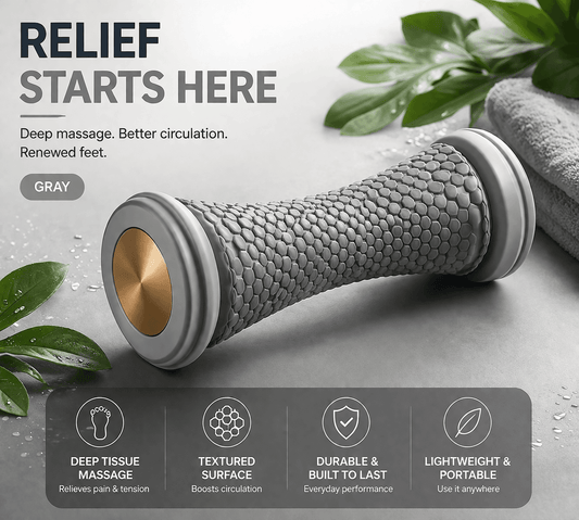 Grey foot roller massage tool with textured cylinder wheels, manual use