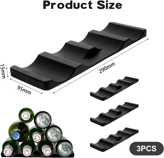 Black stackable bottle holder set with molded slots for bottles and cans