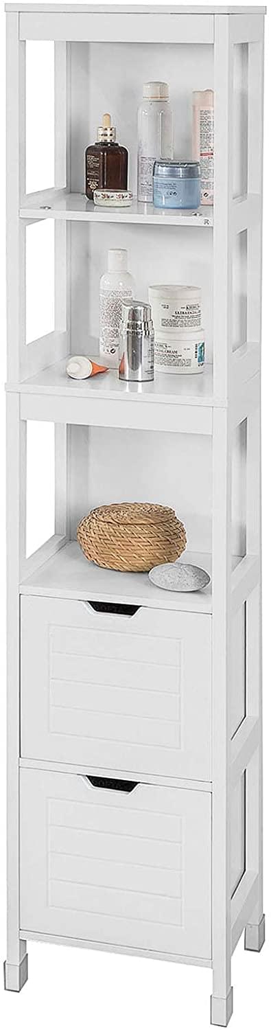 Freestanding tall cabinet, white with open standing shelves and two drawers