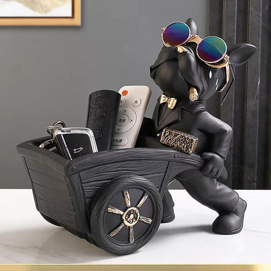 Black French bulldog resin key bowl figurine with sunglasses and black wheelbarrow