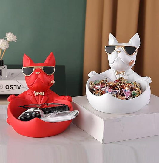 Red and white French bulldog resin key bowl figurine with sunglasses, holding candies