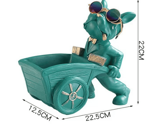 Green resin bulldog wheelbarrow storage figurine with bowl