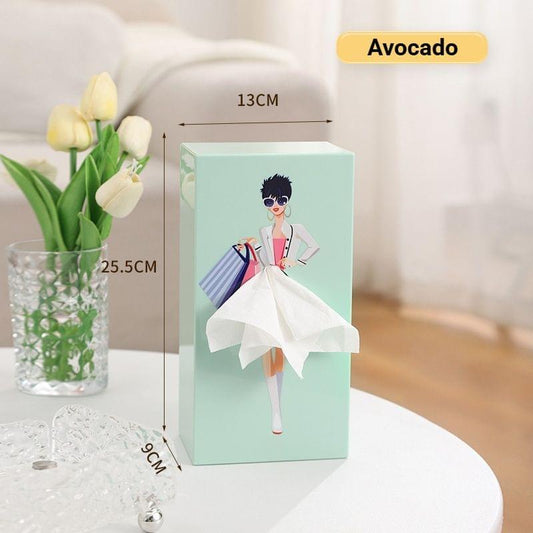 Mint green tissue box holder with dancer illustration, front view