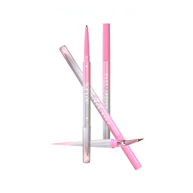 Dual-ended gel eyeliner pen with angled brush tips, pink and clear barrel
