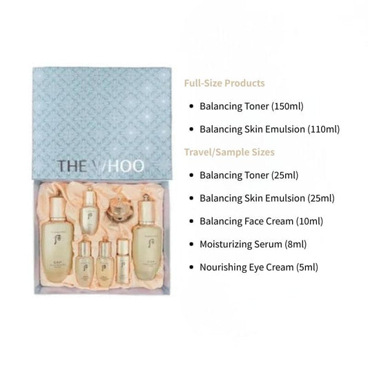 Balancing skincare set shown in a blue gift box with small travel-size bottles