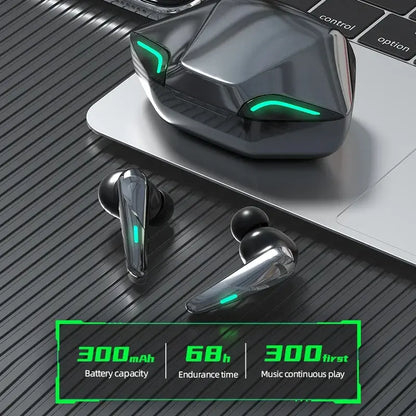 Black wireless earbuds and charging case with green LED status lights