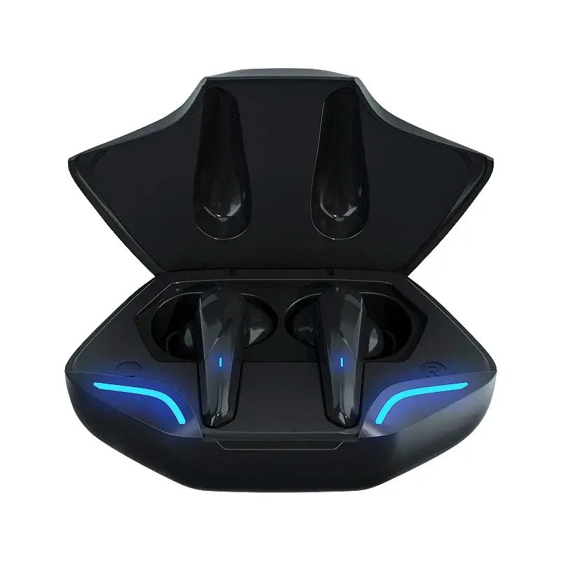 Black wireless gaming earbuds with open charging case, blue LED light strips