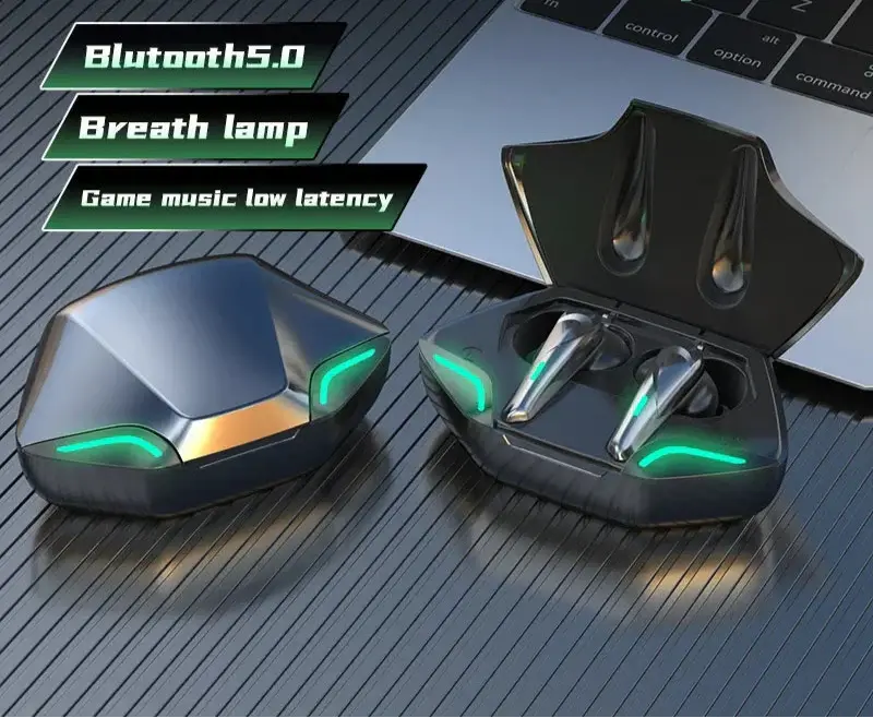 Black wireless gaming earbuds in open case with green LED indicators