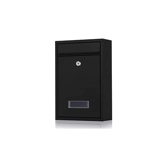 Black wall mailbox with hinged door, key lock cylinder, and clear nameplate window