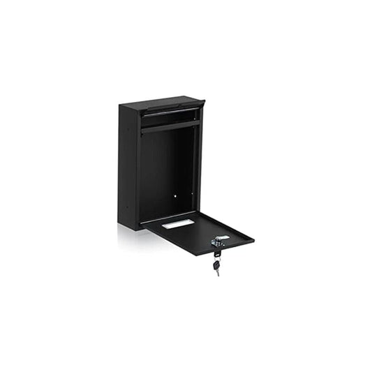 Black steel mailbox with open door showing interior and front drop flap