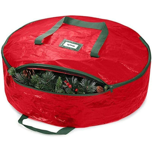 Red wreath storage bag with drawstring and carry handles, open top