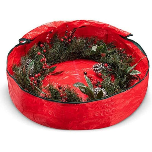 Red round wreath storage bag with open top and wreath inside