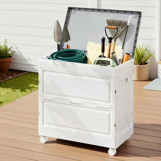 White outdoor storage cabinet with two stacked doors and top lid on four caster wheels