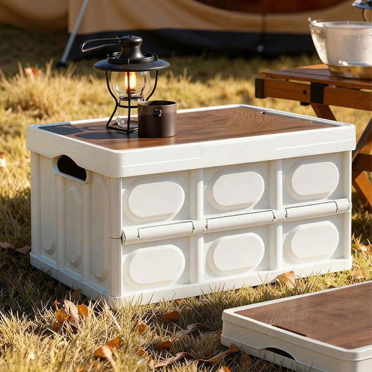 Collapsible storage box with plywood-style lid, white plastic with oval panel pattern.