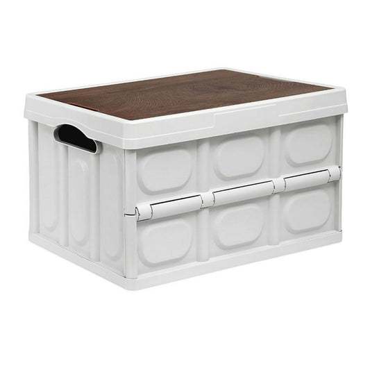 Collapsible storage box with brown lid and side carry handle opening, white frame.