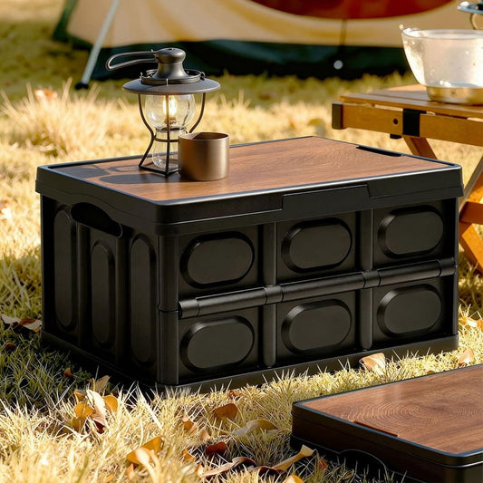 Collapsible outdoor storage box with black body and plywood top, stackable fold design