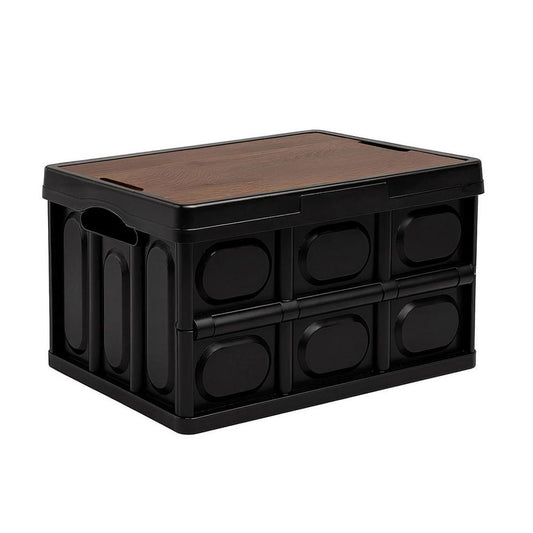 Collapsible storage box with black body and brown plywood lid, rounded panel details