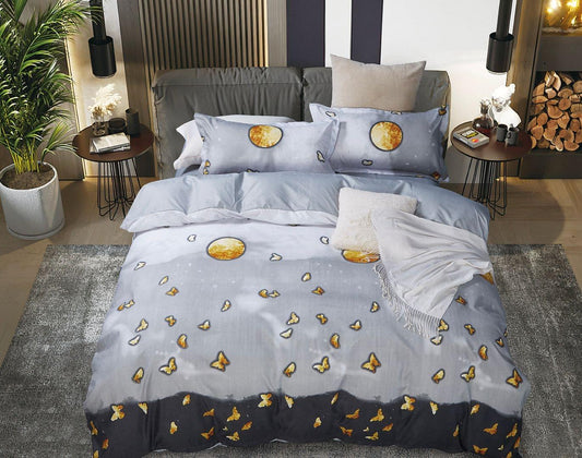 King size duvet cover set, light blue with gold butterfly and round pattern, with pillows