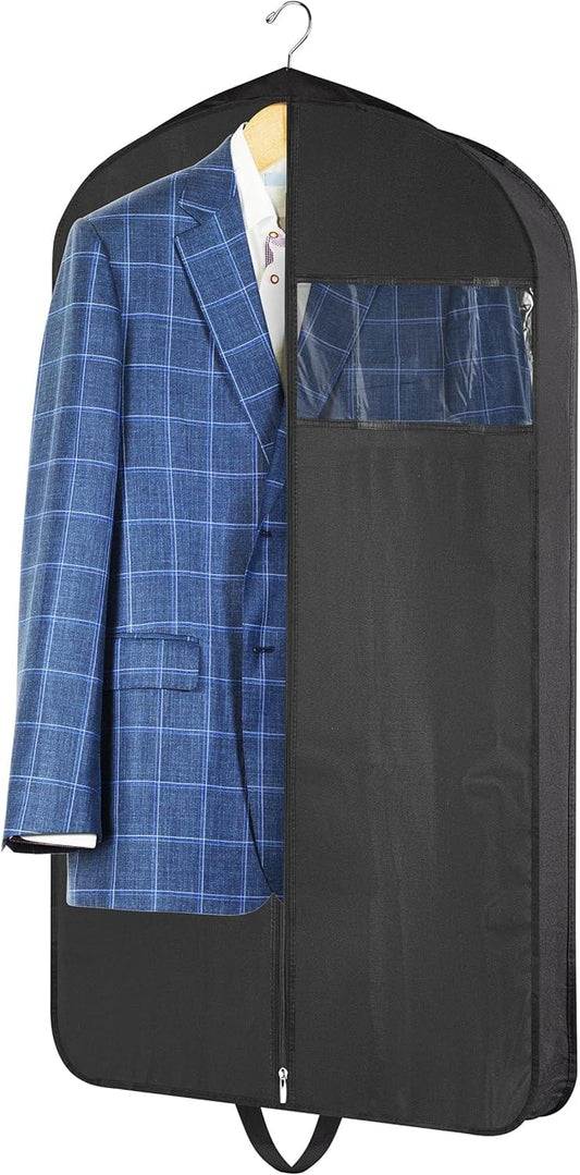 Black hanging garment bag with hanger and blue plaid jacket inside