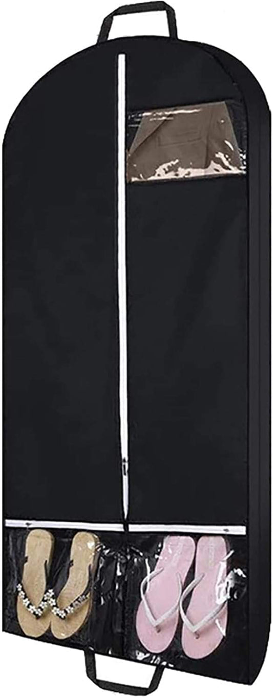 Black hanging garment bag with top handle, full-length zipper, clear window pocket.