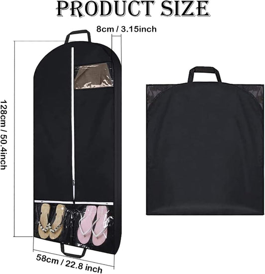 Black hanging suit bag with top handle and full-length zipper, transparent window panel.