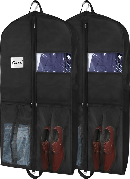 Black hanging suit garment bags with clear card window and mesh pockets, 2 pack