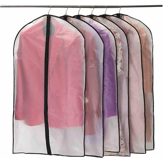 Garment zip covers, semi-transparent, shown in pink, purple, gray on hangers