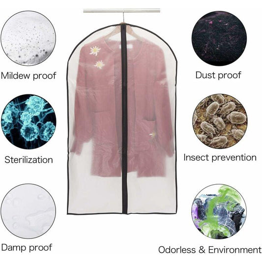 Semi-transparent garment cover with zip closure on a hanger, pink fabric