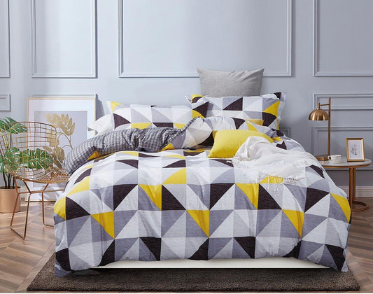 Geometric duvet quilt cover set in white, yellow, and dark gray triangle pattern