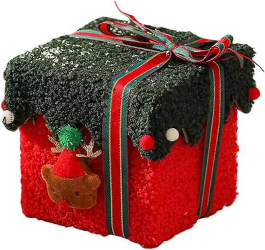 Velvet gift box with lid, green top and red body, striped ribbon and pom details