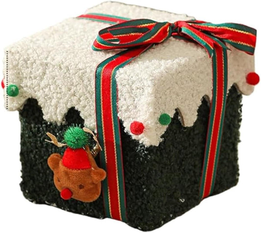 Velvet gift box with lid, black and cream, striped ribbon and reindeer patch