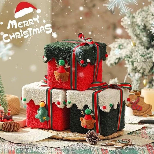 Velvet gift box with lid, black and red, striped ribbon bow and reindeer applique