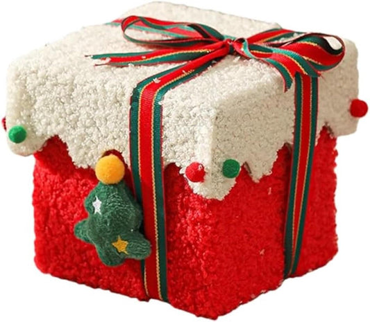 Red and white velvet gift box with lid, green-and-red striped ribbon and holly decor
