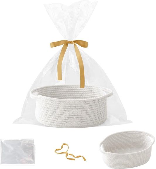 White woven storage basket with ribbon and rope handle, wrapped in gift bag