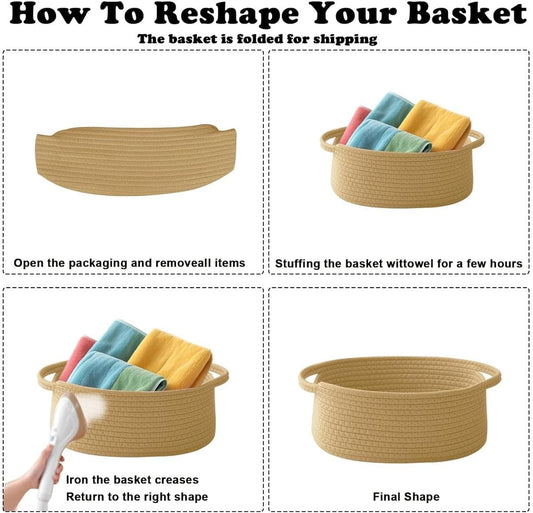 Brown woven storage basket shown folded for shipping with side handles