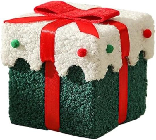 Velvet gift box with lid, green and white panels, red ribbon bow and wrap