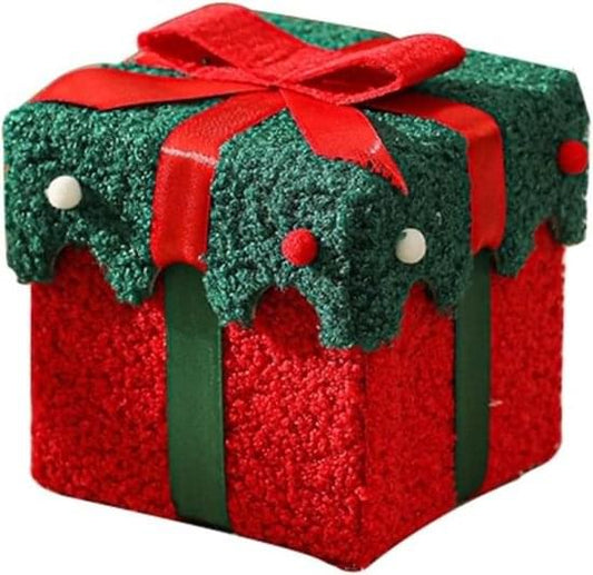 Velvet gift box with lid, red ribbon bow and green holly pattern, red base