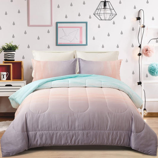 Queen ombre comforter set with blue-to-pink gradient and matching pillow shams