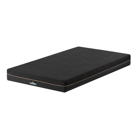 Single memory foam mattress with dark charcoal top and slim side profile
