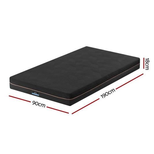 Single memory foam mattress, 190x90x18cm, dark charcoal cover with size markers