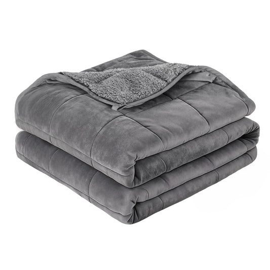 Grey weighted blanket, folded with sherpa-like top panel and quilted channel lines