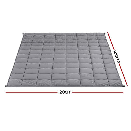 Gray quilted weighted blanket with stitched grid and corner ties