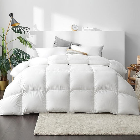 Super king duck down feather quilt, white, box-stitched baffles