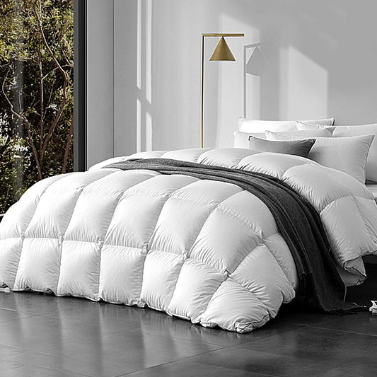 Goose down feather quilt, white with dark gray cover panel along the edge