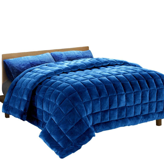 Blue faux mink quilt, super king bedspread with diamond quilting and thick plush pile