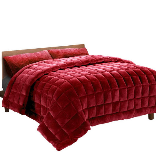 Burgundy faux mink king quilt with baffle stitched channels